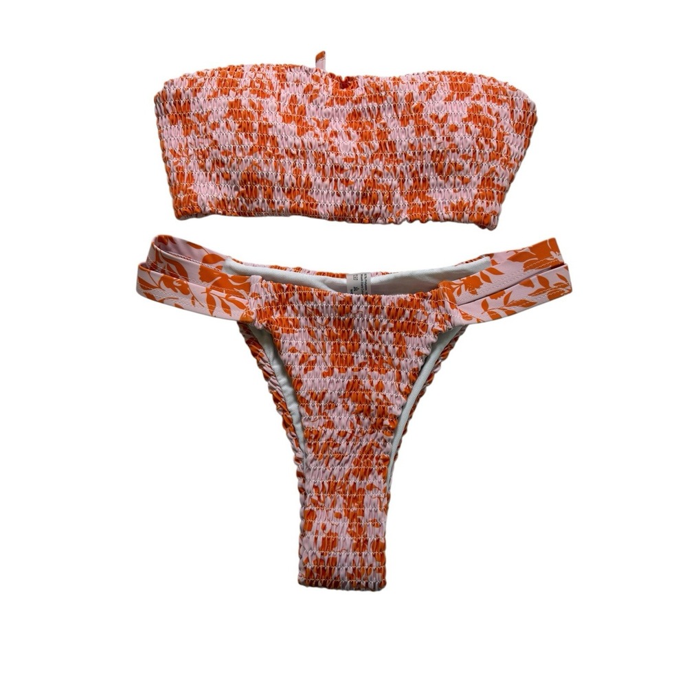 Shein Bikini Set Womens S Orange Excellent Smocked Floral Bandeau High Cut